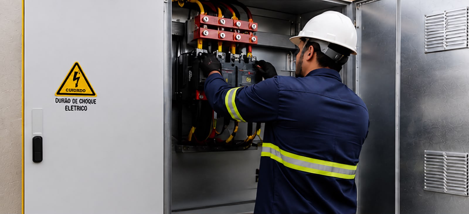 Equipe técnica da Interconnect em manutenção de painel elétrico