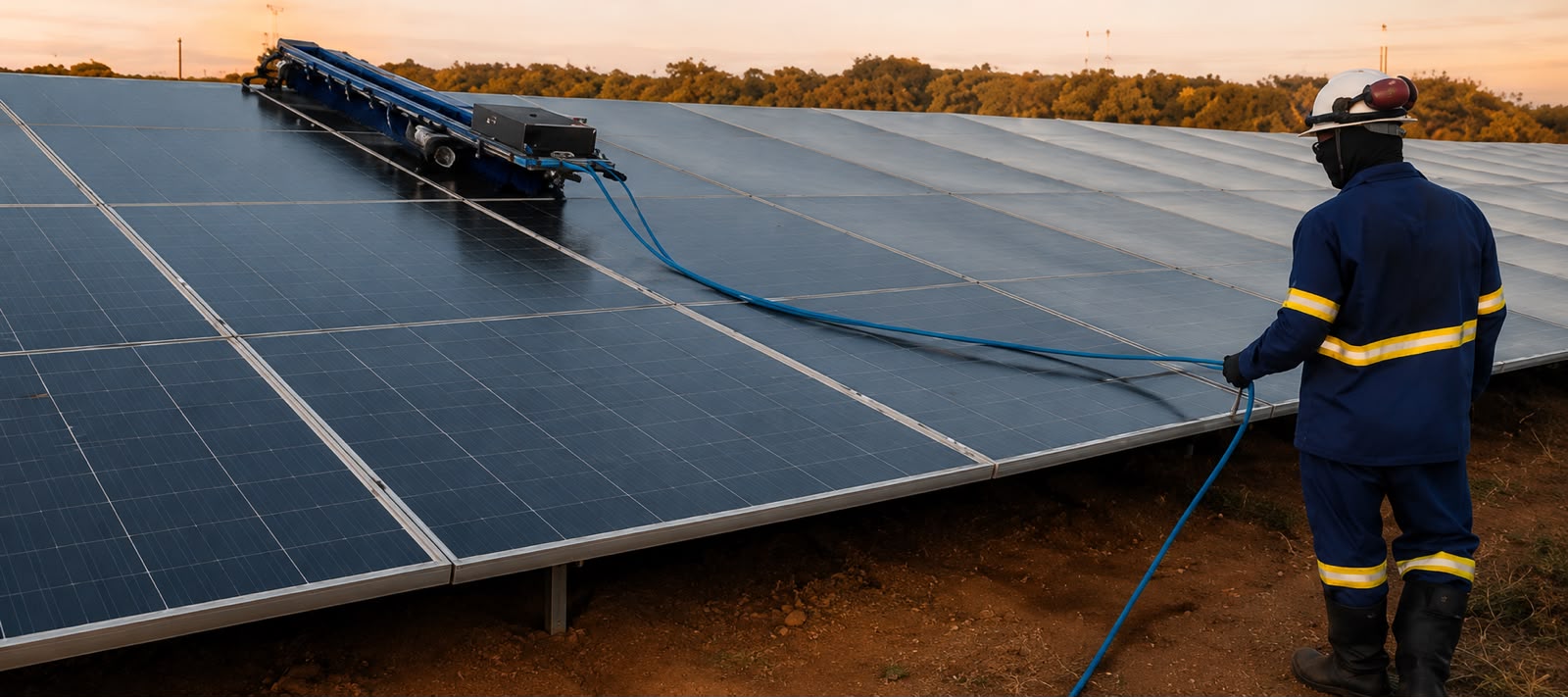 Técnico da Interconnect na limpeza de módulos fotovoltaicos